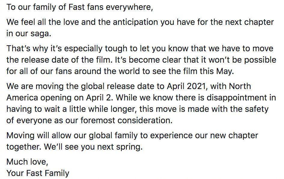 《速度与激情9》将推迟近一年上映 明年4月2日北美公映