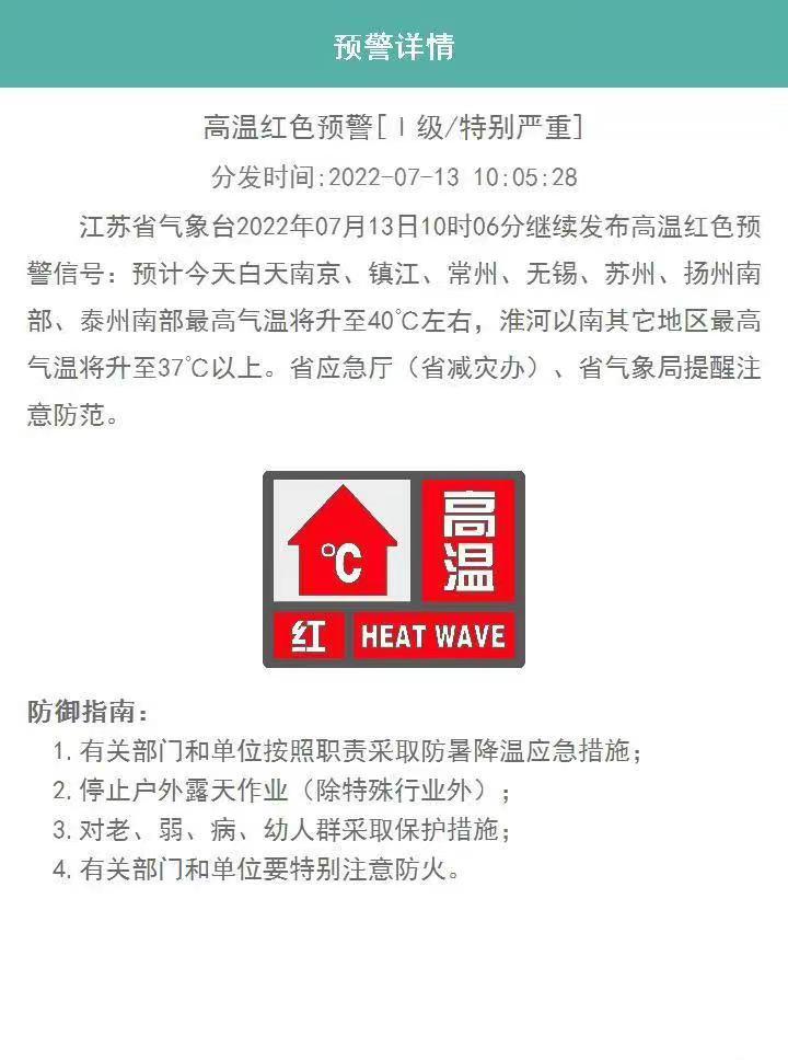 江苏再发高温红色预警是怎么回事，关于江苏再发高温红色预警信号的新消息。