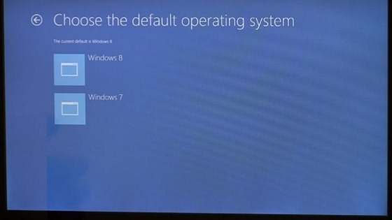 Screen that reads: Choose the default operating system. The current default is Windows 8. Option 1: Windows 8 Option 2: Windows 7