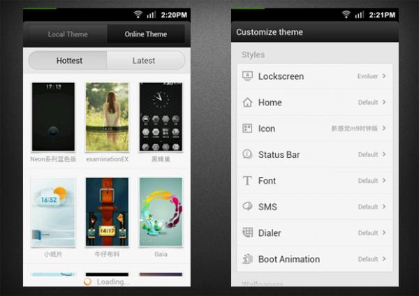 MIUI online themes downloads and customizable theme elements