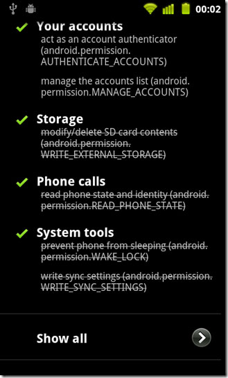 图8 Cyanogen Mod 7.1中的权限吊销(Permission Revoking)设定